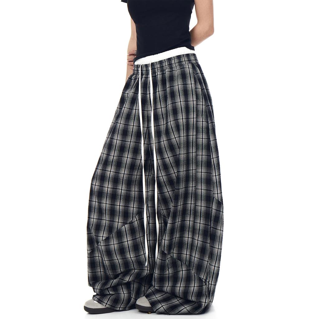 American retro lazy style double waist splicing plaid pants women's summer jazz dance loose wide-leg trousers