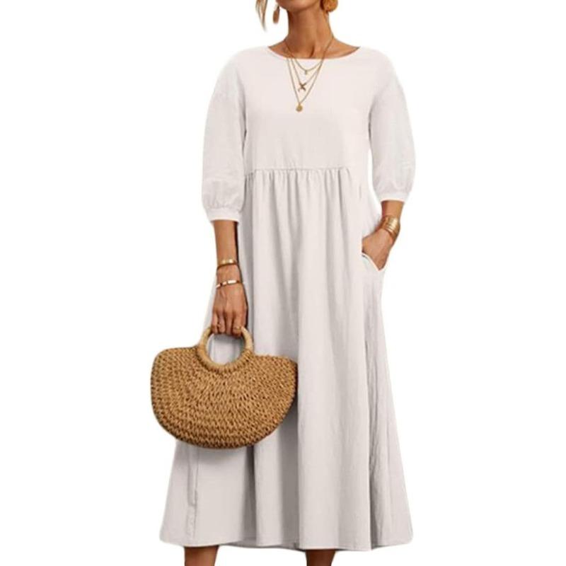 Long Sleeve Cotton and Linen Casual Loose Ladies Dress S