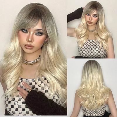 Long Ombre Blonde Wigs with Bangs Synthetic Wigs For Women Natural Hair Wavy Cosplay Party Wigs Heat Resistant Fake Hair