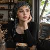 Floral Print Golden Beaded Hijab Breathable Elegant Turban Hat Fashion Triangle Headscarf  Eid Gift