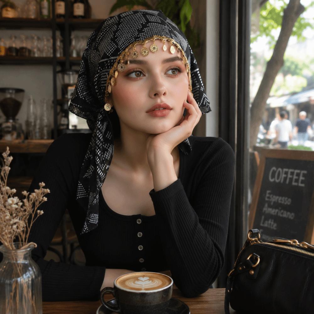 Floral Print Golden Beaded Hijab Breathable Elegant Turban Hat Fashion Triangle Headscarf Eid Gift