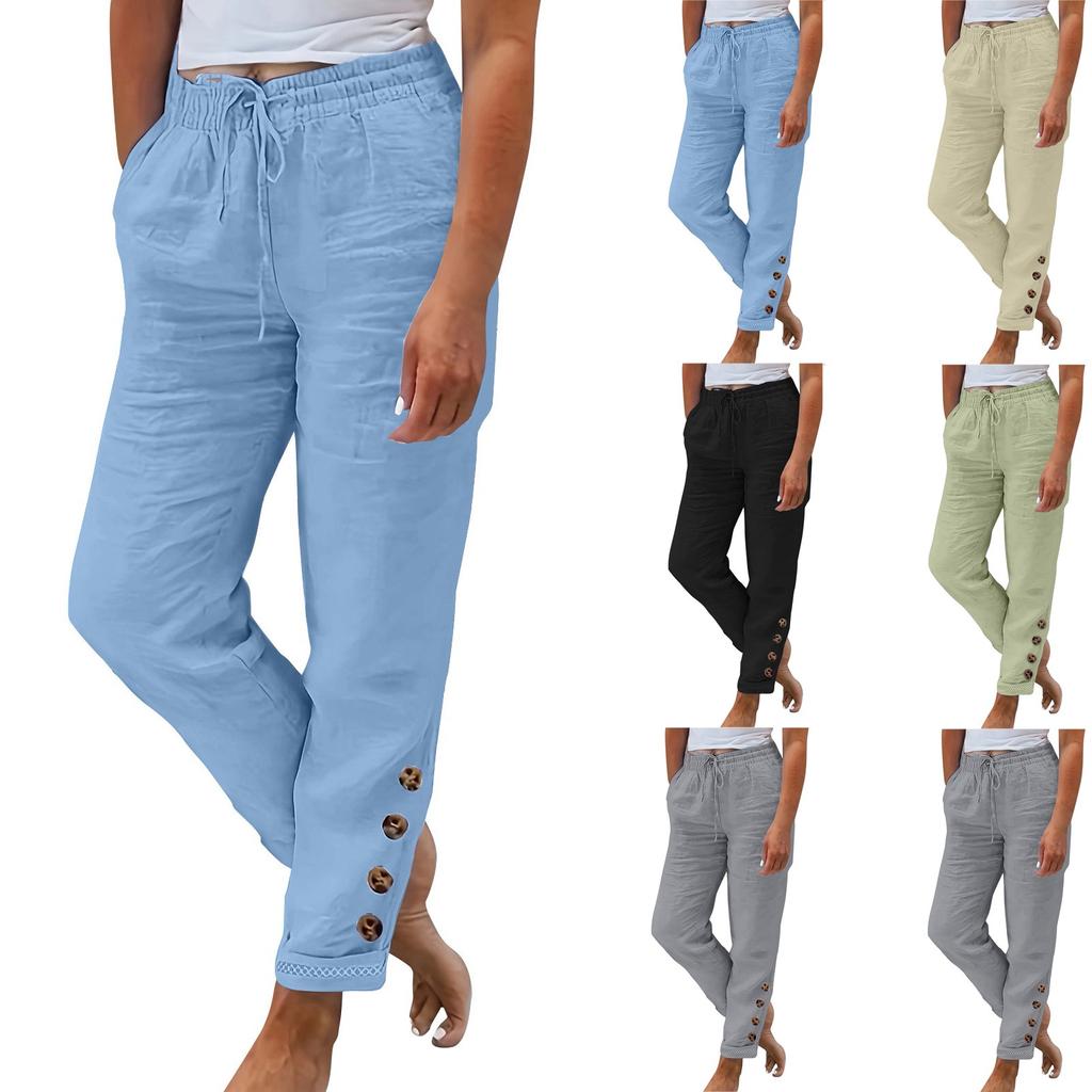 Dámské letní elastická kapsa v pase kapsa jednobarevné bavlněné plátno široké nohavice volné kalhoty s devíti body