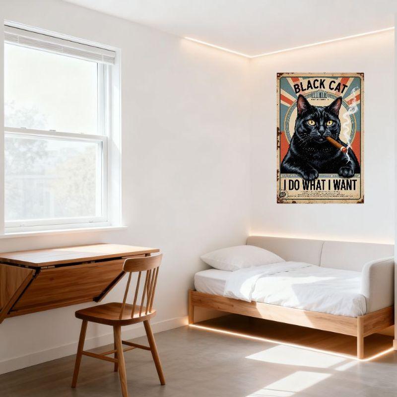 Vintage Black Cat with Cigar Tin Sign, Radial Red White Blue Stripes, 'BLACK CAT' 'I DO WHAT I WANT' Text, Weathered Metal Sign