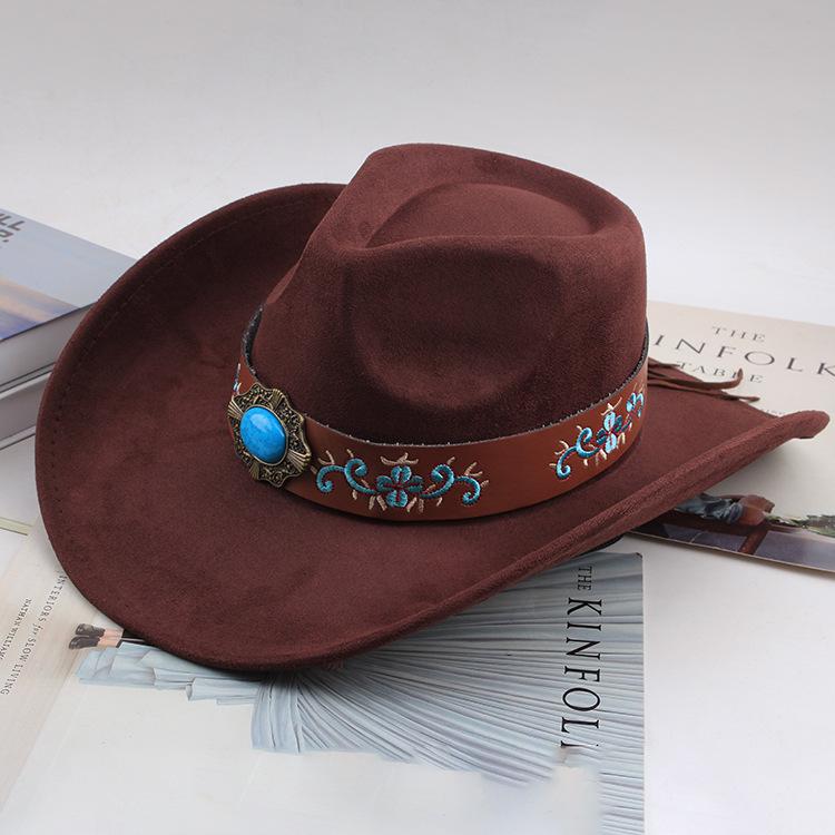 Western Cowboy Style Tibetan Bull Head Accessories Fashion Top Hat Autumn/Winter New Collection Deer Skin Velvet Large Edge Riding Hat