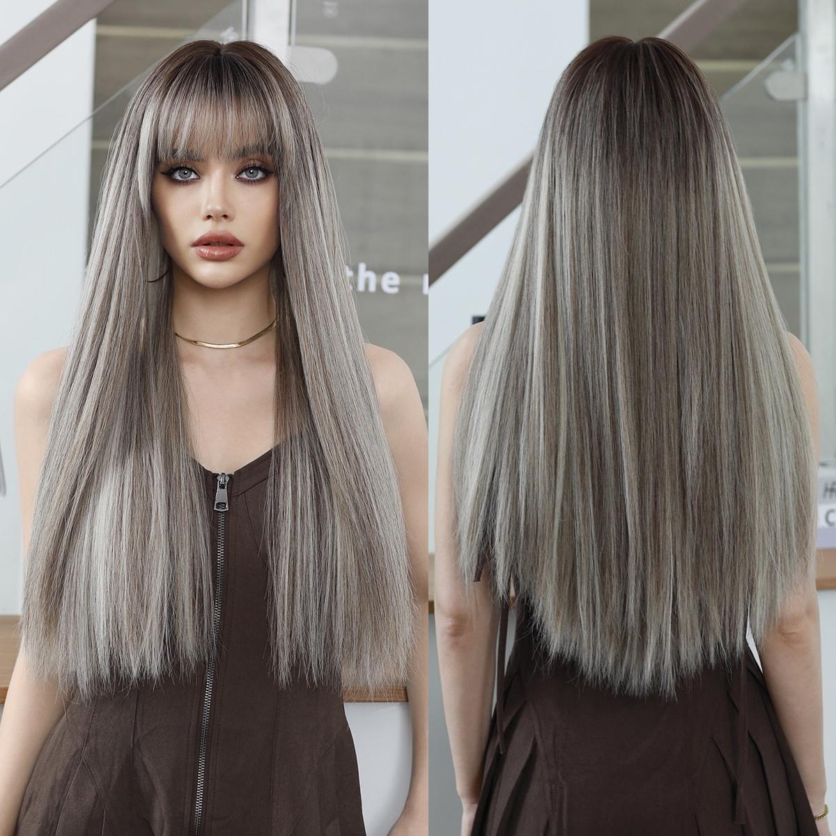 

Длинный Прямой Светло-Светлый Парик для Женщин Повседневный Вечерний Мелированный Коричневый Синтетический Многослойный Парик с Челкой Хэллоуин Косплей