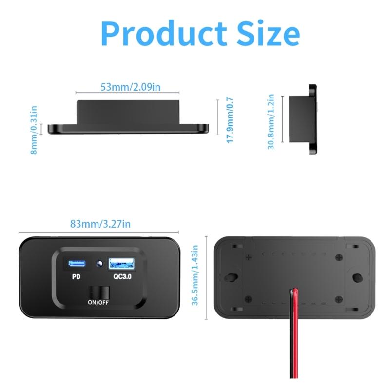 2-Port 12-24V Wall Mount Outlet Panel 20W USB C & QC3.0 18W USB Port Charging Socket with Switching Button for Car Bus