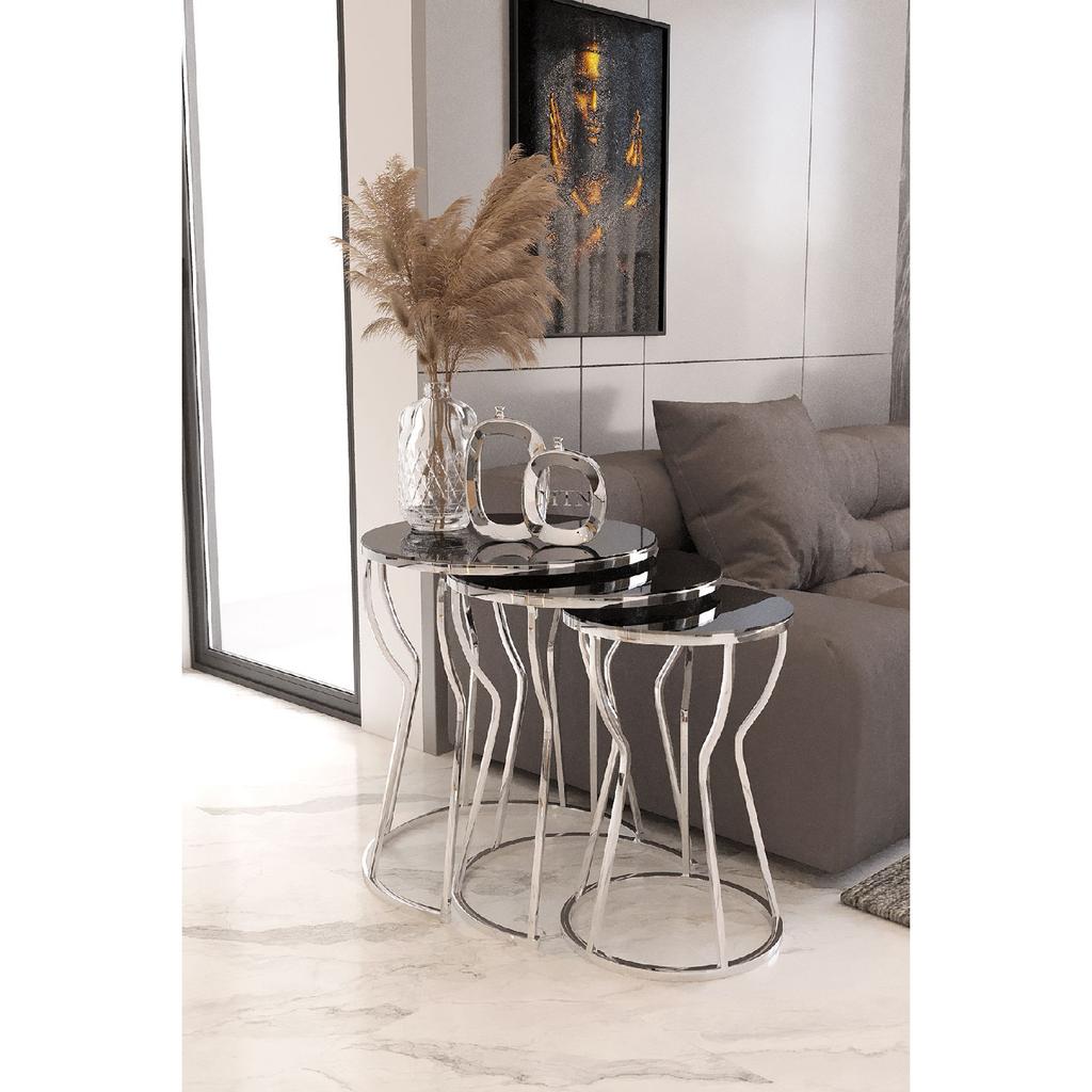 Set Of 3 Hourglass Nesting Silver Foot Smoked Mirror