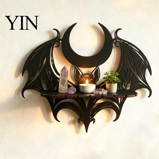 Gothic Style Storage Bat Wall Shelf, Mount Wooden & Moon Rack, Creative Wing Display Stand Floating Shelf for Bedroom Living Room Halloween