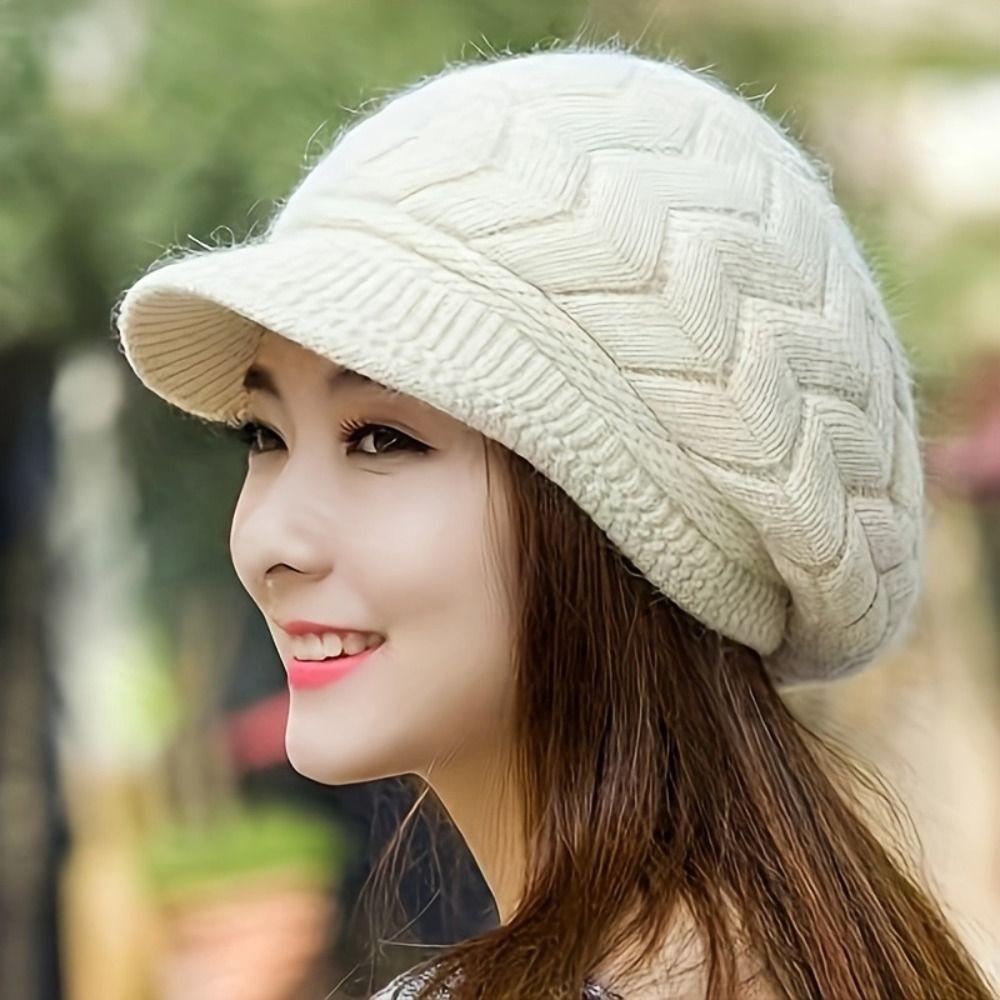 Winter Striper Knitted Cap Ear Protection Thicken Knit Hat Solid Color Women Beret Cap  Women Girls