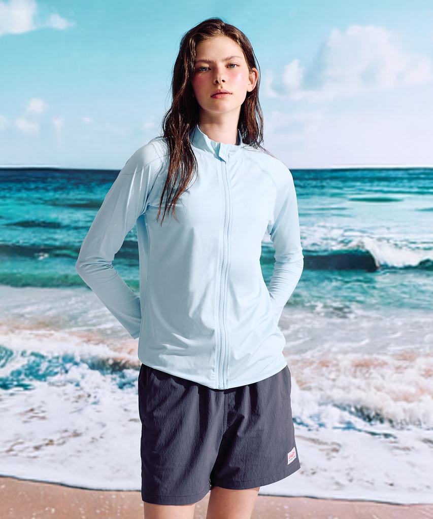 Leijibi [Set] Essential Loose Fit Long Sleeve Zip-Up Rash Guard + Swimsuit Shorts Set W Sky Blue