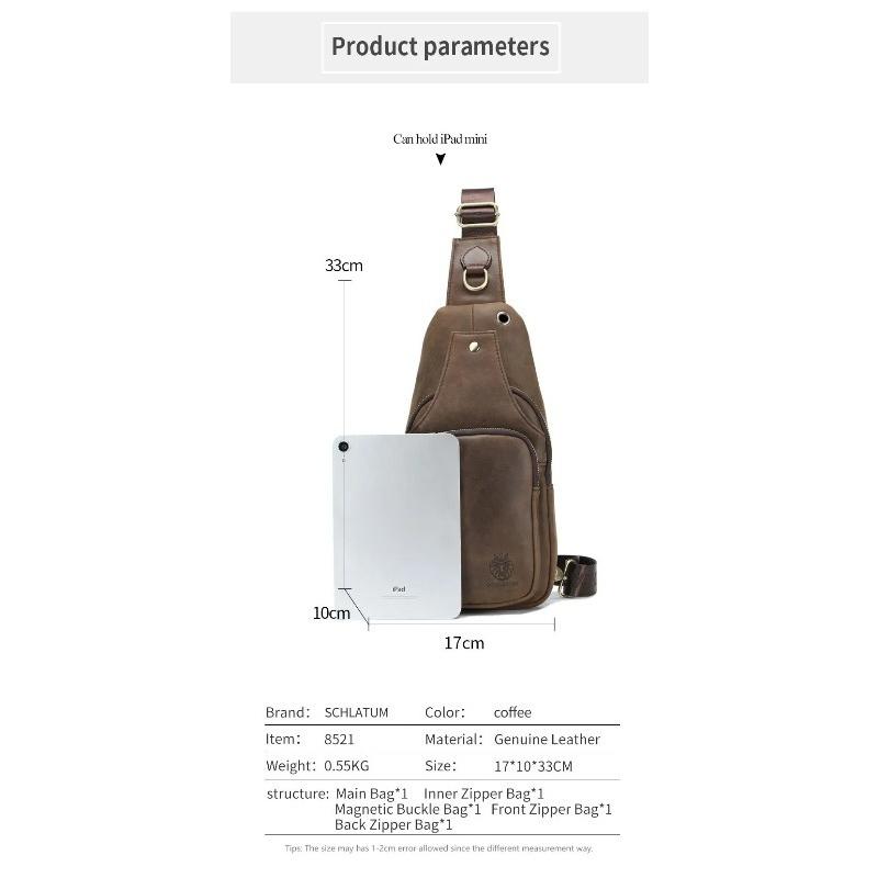Men's Real Leather Chest Bag Brand Designer Crossbody Sling Backpack Waterproof for Hiking Mountaineering Travel