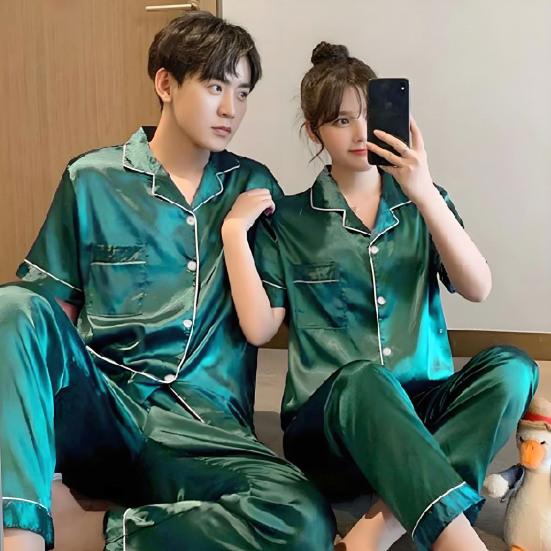 2 st/set Pyjamasset i imitationssilke Revers Kortärm Knappslå Skjorta Elastisk midja Shortsset Sommar Sval Sovkläder