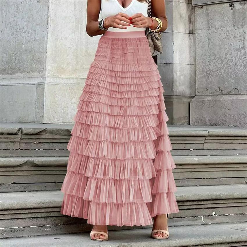 Cake Mesh Patchwork Skirt for Women Elastic High Waist Elegant Stylish Long Skirt Madam's Breathable Lightweight Loose Skirt Work Vacation Party Skirt