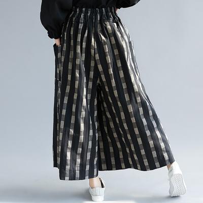 Vintage Plaid Lose Breite Bein Hosen Frühling Sommer Elastische Taille Taschen Knöchel Länge Frauen Hosen