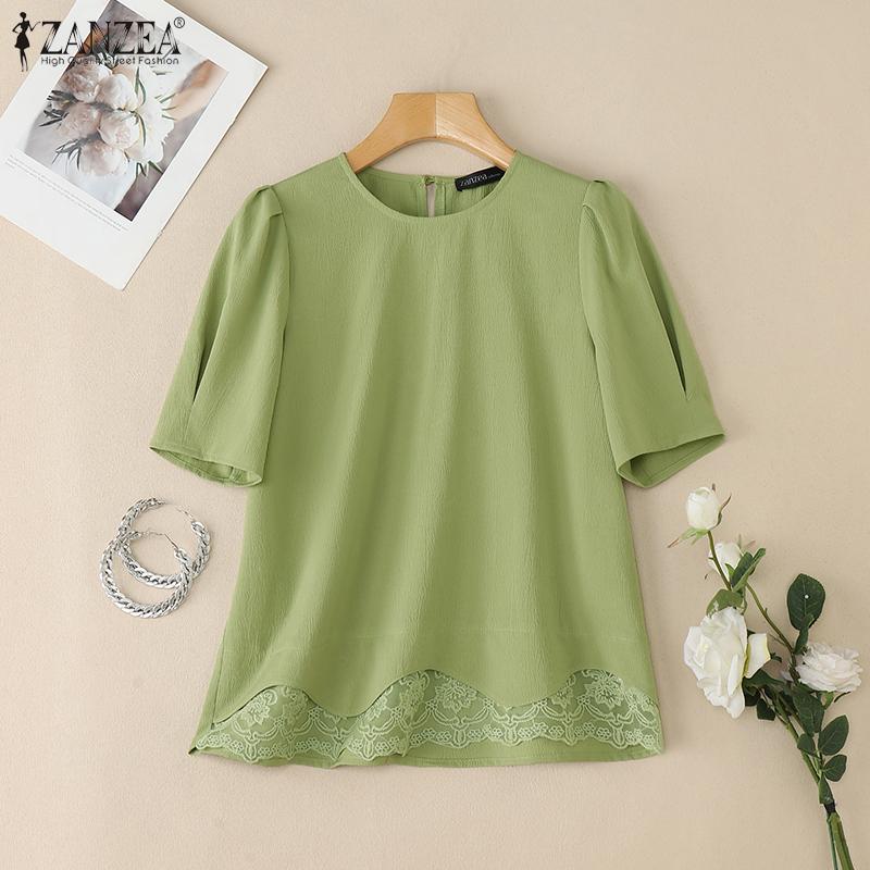 ZANZEA חולצת נשים קז'ואלית עם צווארון עגול ושרוולים קצרים, תחרה מחוברת