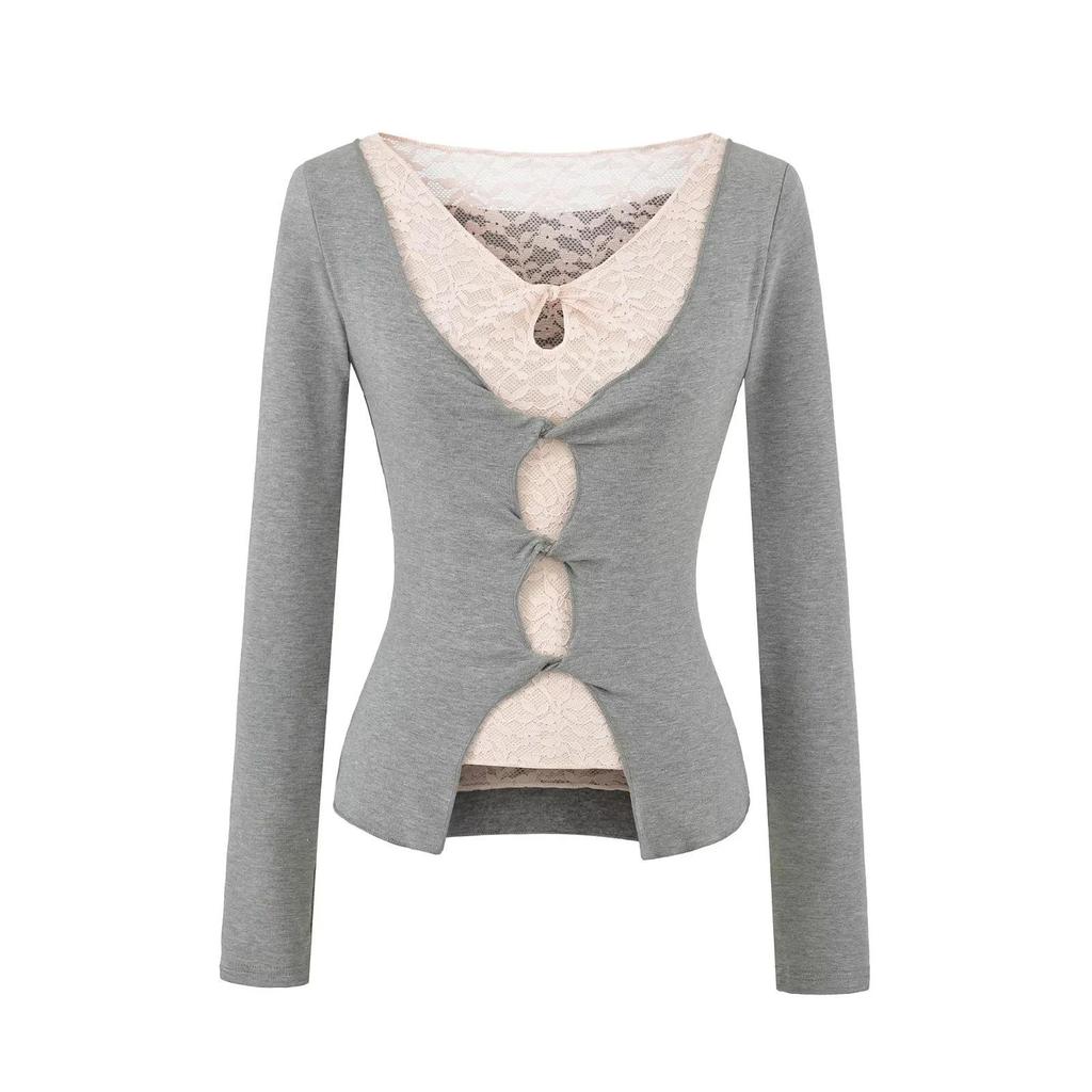 Lace Patchwork V-Neck Two-Piece Long-Sleeve Slim-Fit T-Shirt for Women - Spring/Autumn