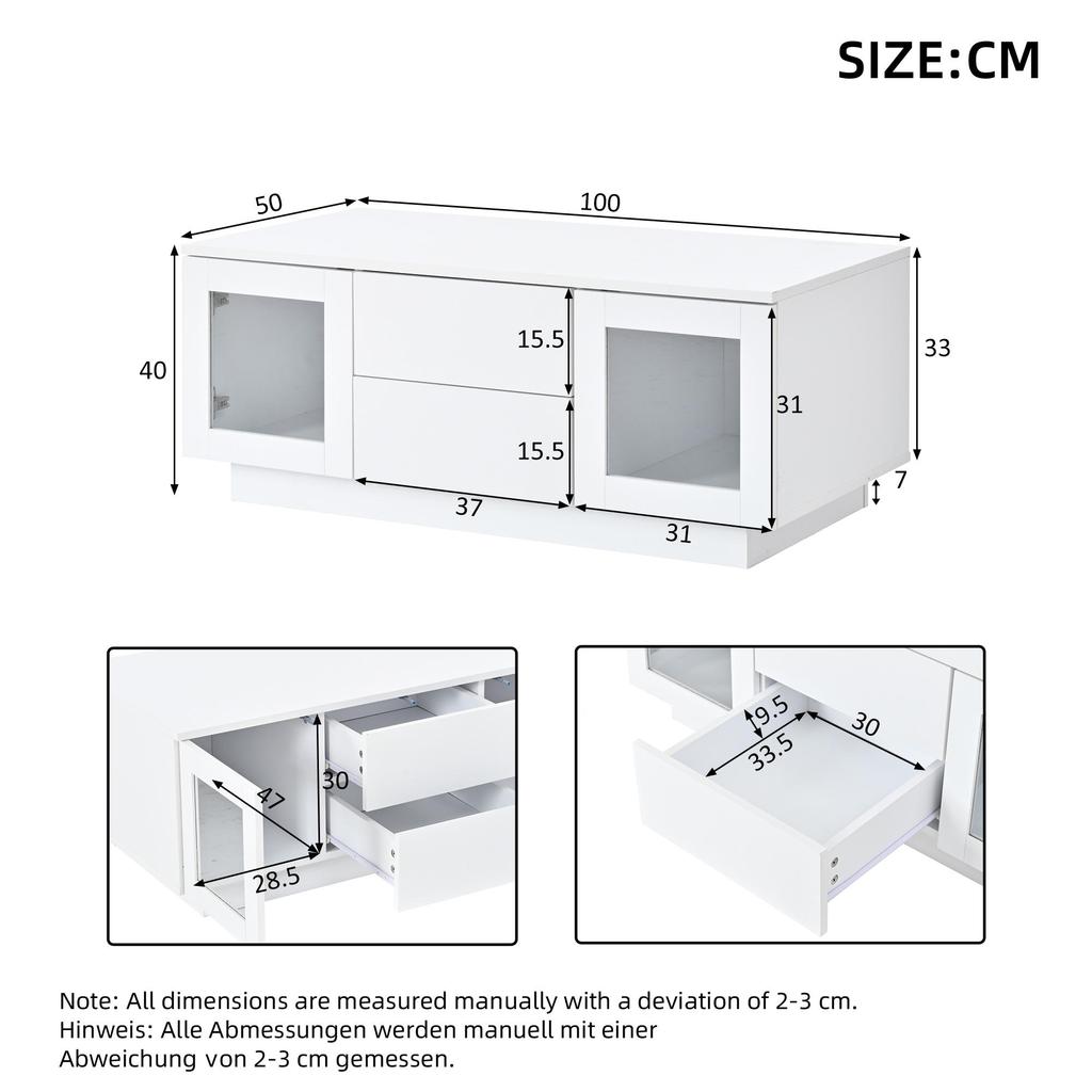 Hochglanz-Couchtisch, mit per mobiler App steuerbaren LED-Leuchten, Wohnzimmertisch mit Schrank, Sofatisch , Beistelltisch,100×50×40cm