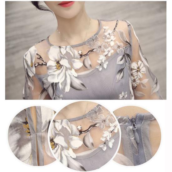 Women O Neck 3/4 Mesh Sleeve Floral Print Large Swing Double Layer Midi Dress