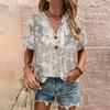 Fashion Womens Loose Summer Printing V Neck Button Button Short Sleeve Casual Tops