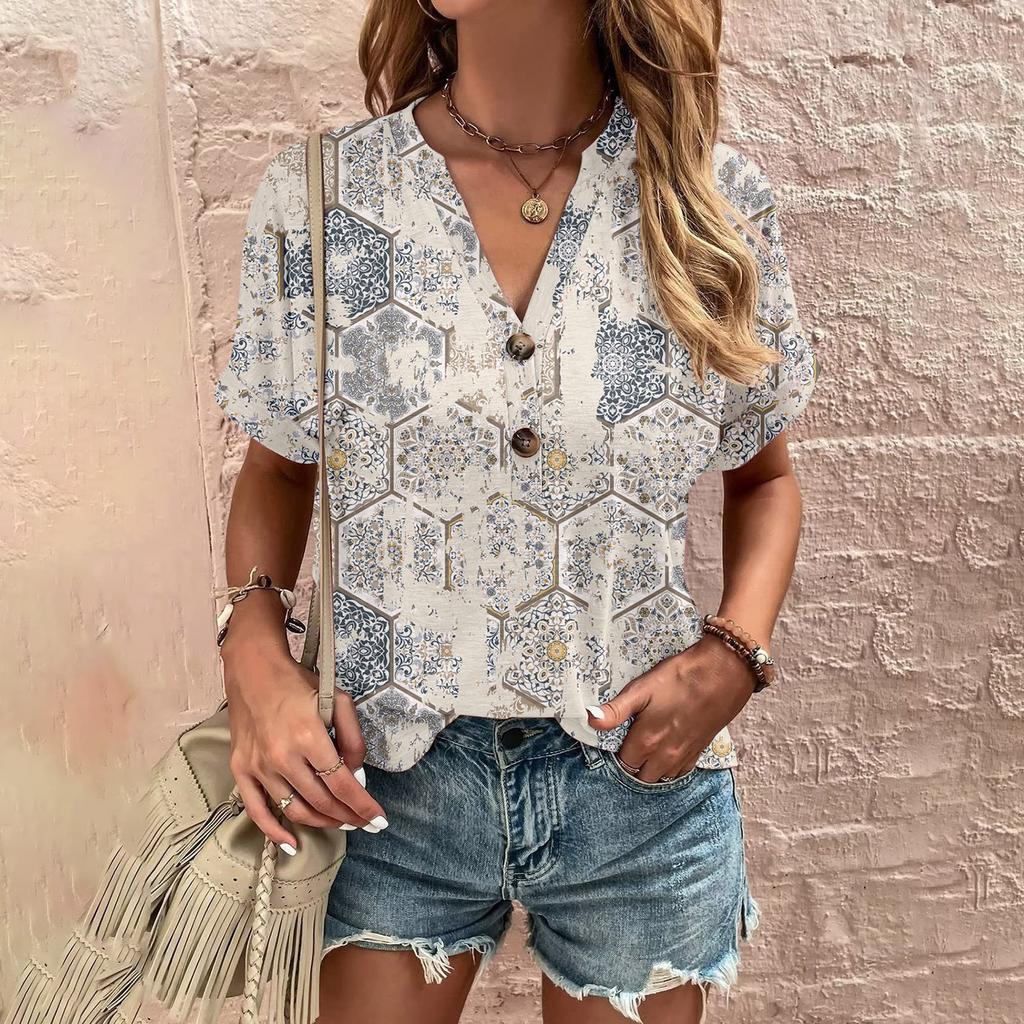 Fashion Womens Loose Summer Printing V Neck Button Button Short Sleeve Casual Tops