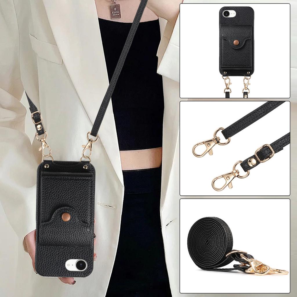 For iPhone 16e Case Mirror Card Holder Litchi Texture Leather Phone Back Cover with Long Strap