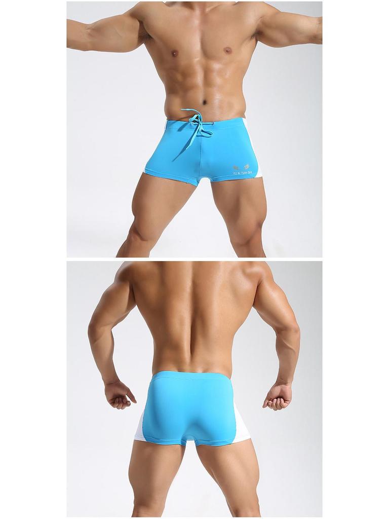 Men's Color Block Swim Trunks - Summer Ice Silk, Mid-Waist, Flat-Leg, Nylon, Drawstring, Fashionable & Sexy.