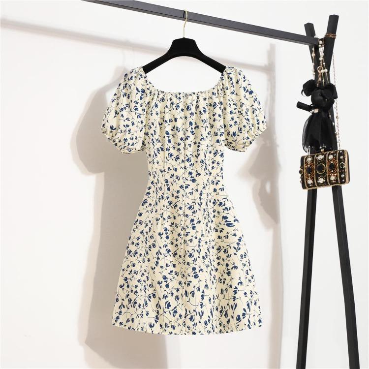 Korean Style Elegant Floral Printed Women Mini Dress Bohemian Pleated Puffy Sleeve Sexy Summer Vestidos Shirring Female Short Dress