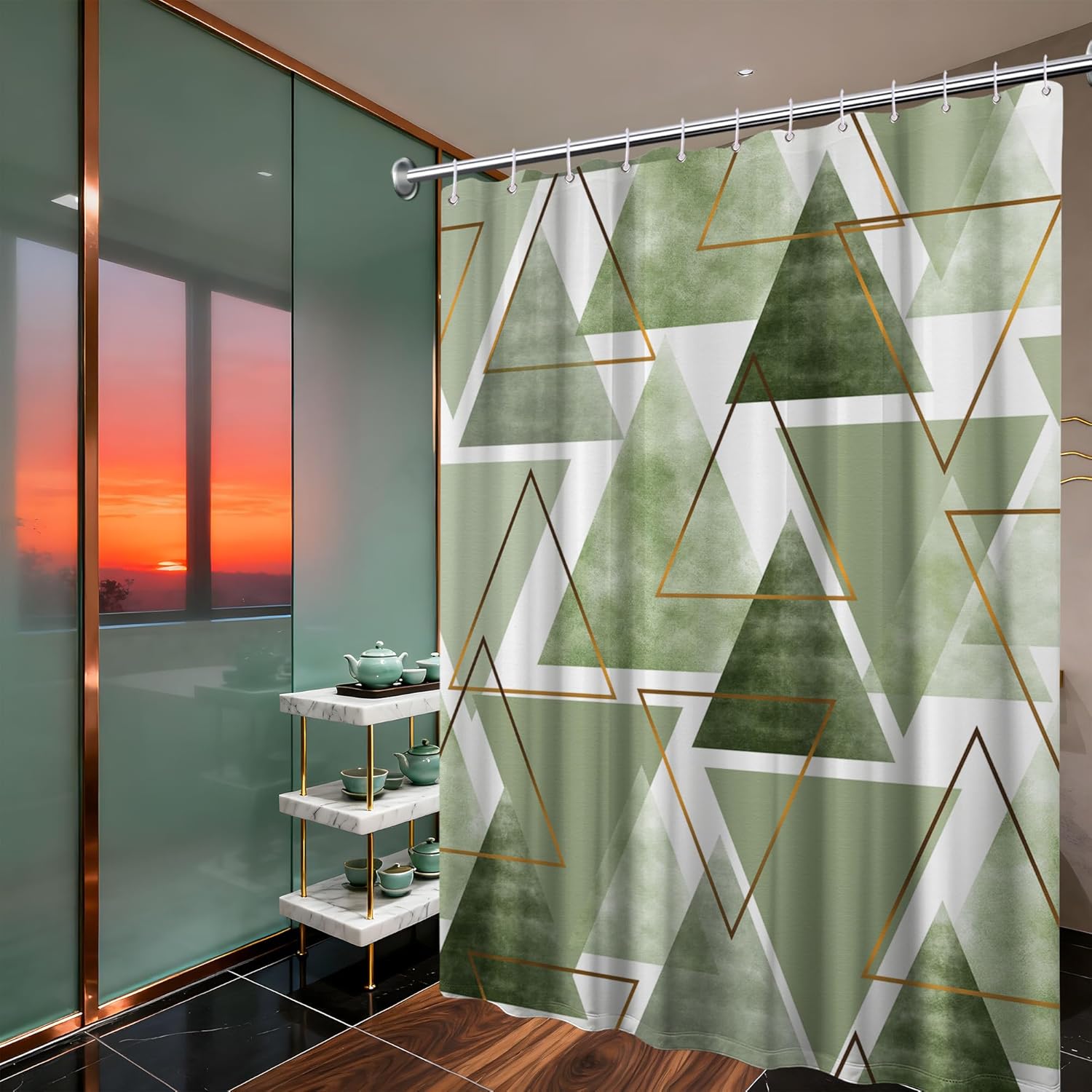 Pandara Jewelry Green/Gold Sage Geometric Shower Curtain – Modern Triangles & Accents, Contemporary Bathroom Decor