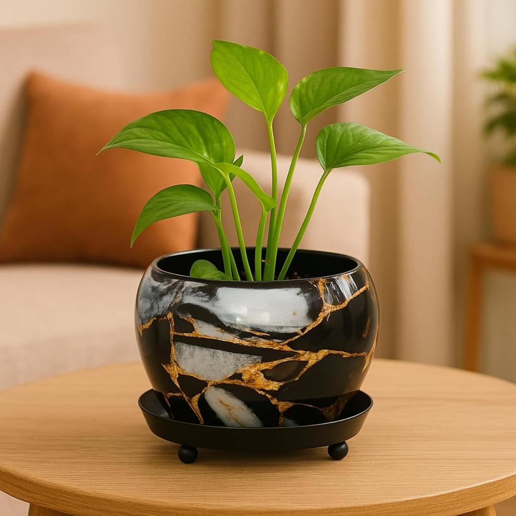 5 inches, Lily Black Metal Plant Pot with Saucer Plate | Indoor Outdoor Home Decor Item for Garden Plants Flower, Balcony, Patio, Living Room, Garden
