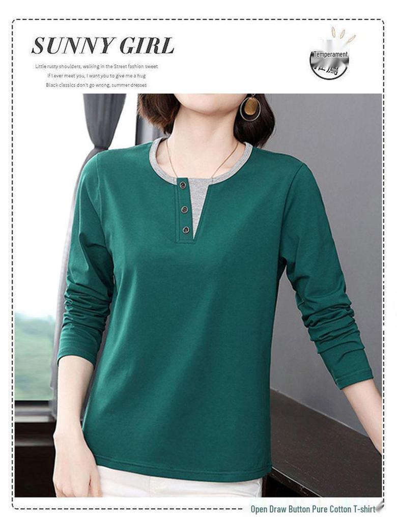 Pure Cotton Plus Size Long Sleeve T-Shirt - Sweet Slimming, Loose Fit Base Layer for Commute, with Tummy Control for Spring and Autumn.