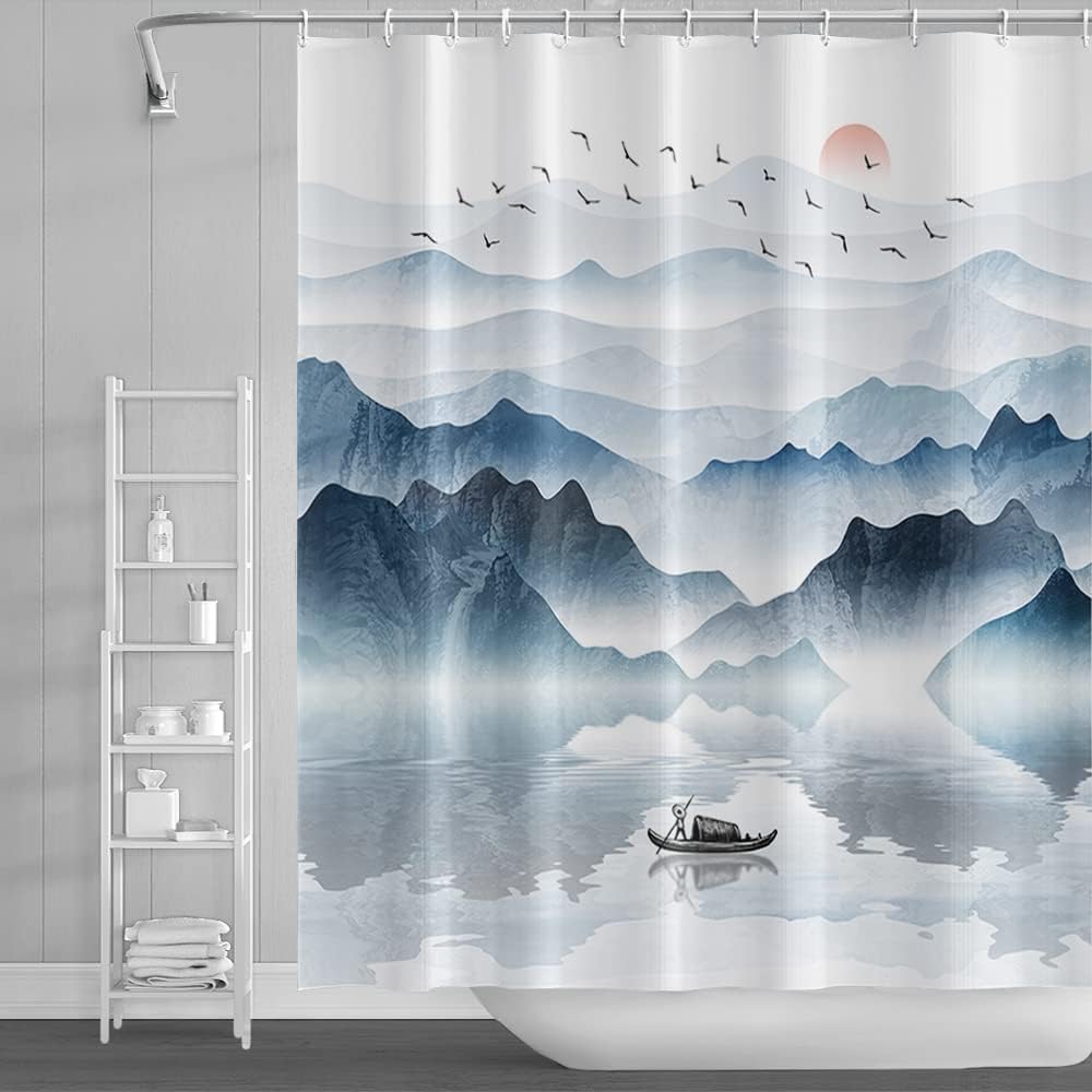 

Modern Oil Painting Mountain View Shower Curtain Natural Cloudy Landscape Bathroom Decoration Shower Curtain With Hook W60H190(CM)-1 Pcs