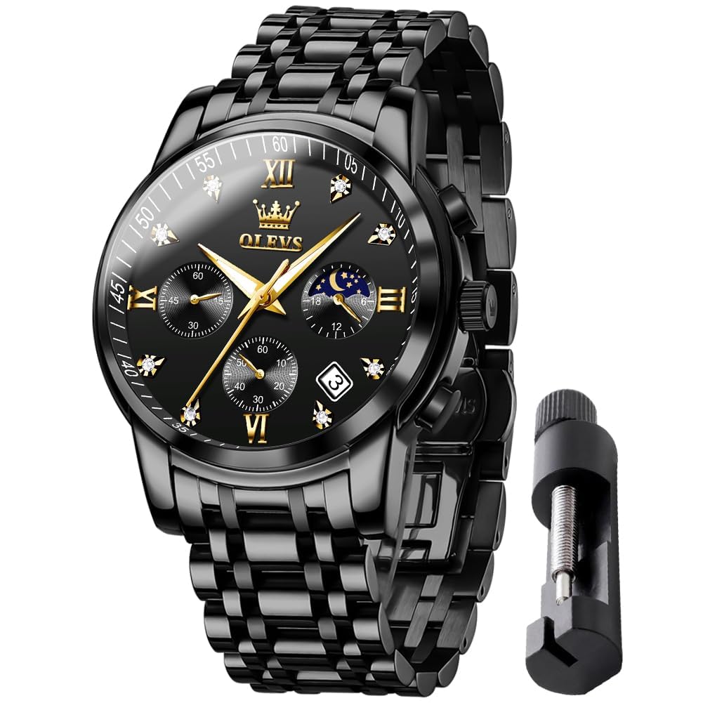 

Кварцевые часы OLEVS с индикатором фазы Луны и простым отображением даты, мужской таймер, сталь, модные, водонепроницаемые, люминесцентные, (Черный 2858)