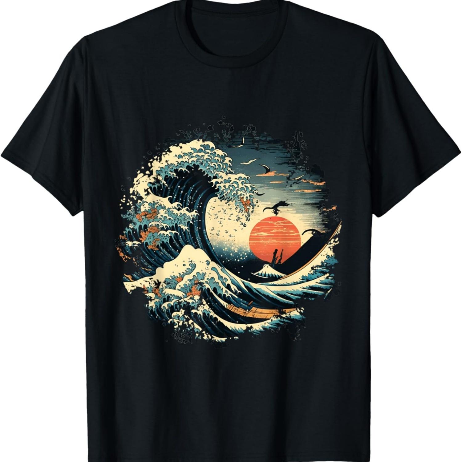 The Great Wave Off Kanagawa Japan Art Sunset Cherry Blossom T-Shirt(2) S чёрный