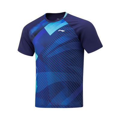 Geometrisches gestreiftes Colorblock Feuchtigkeitstransportierend Schnelltrocknend Rundhals Kurzarm Raglan T-Shirt Unisex T-Shirts Blau AAYU031-1
