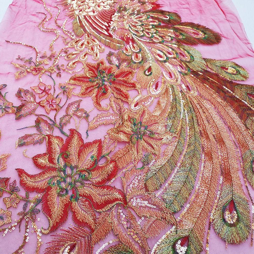 Large Sequined Embroidery Patches DIY 130X60CM Phoenix Birds Applique Embroidery Sequin Lace Applique Wedding Bridal Gown Party