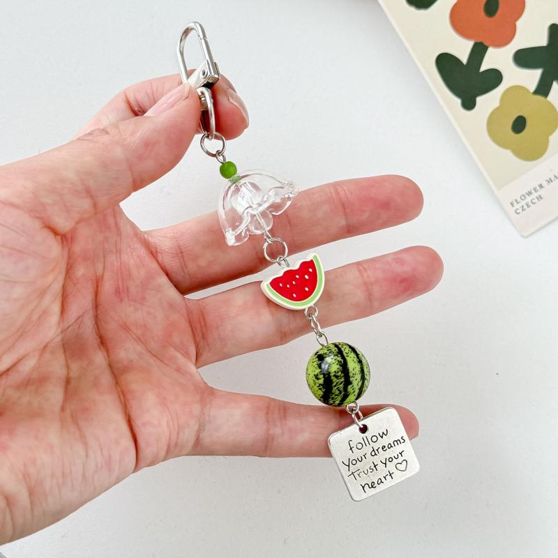 Cute Fruit Keychain Creative Summer Watermelon Pendant Key Chain Beaded Mobile Phone Anti-Lost Lanyard Bag Decorative Keyring