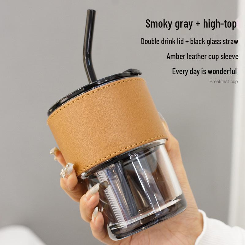 Cana elegantă din sticlă de bambus cu capac și pai - Portabilă pentru apă, lapte sau cafea