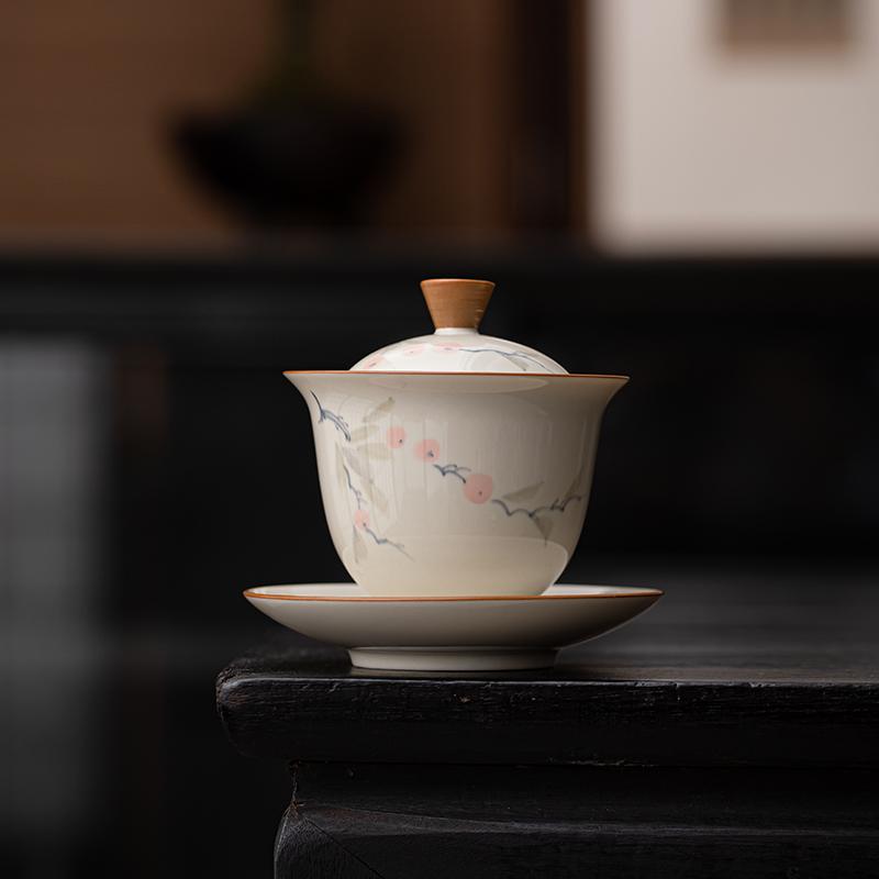 Porcelain Hand-painted  Gaiwan Cover Bowl Grass and Wood grayCeramic Tea Making Bowl Chinese Style Simple Tea Cup