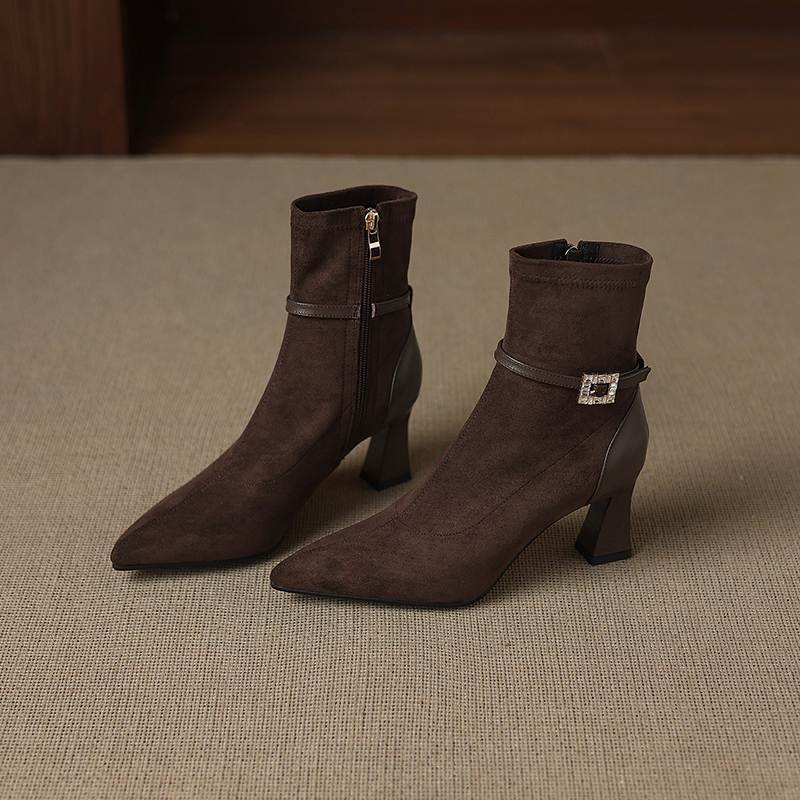 Krazing Pot Flock Pointed Toe Thin High Heels Modern Boots Size 42 Zip Plus Size Crystal Buckle Women Elastic Ankle Boots