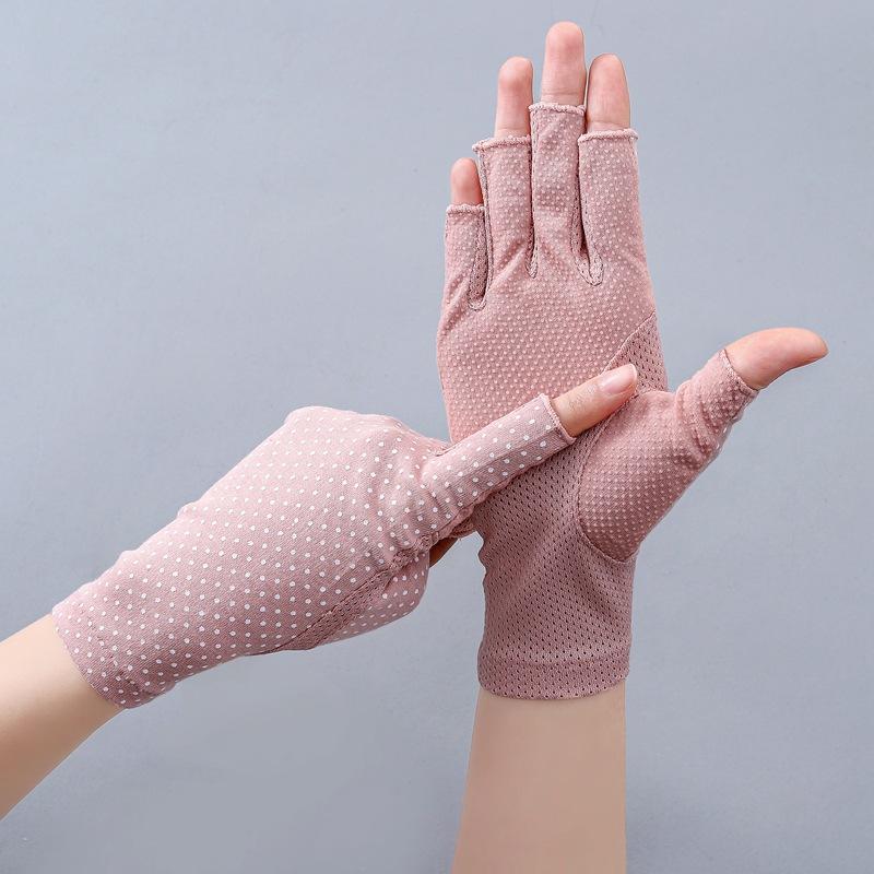 New Fashion Women's Cotton Dot Summer Fingerless Half Finger Anti-Skid Sun Protection Printing anti-UV Thin Short Driving Gloves
