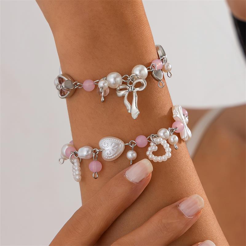 1/2 Pcs Bow Love Pendant Imitation Pearl Beaded Bracelet  Trendy Women Bracelet Girly Sweet Y2K Jewelry Accessories Gifts