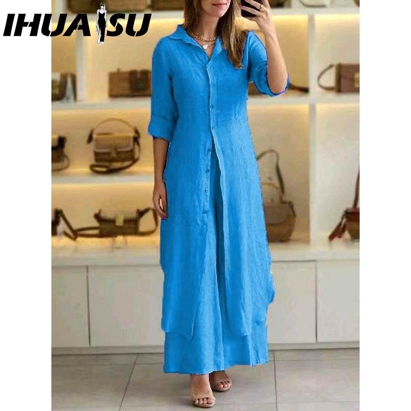 

IHUASU Женский летний, весенний и осенний элегантный костюм из хлопка и льна с приталенным силуэтом, длинными рукавами и широкими брюками XXXXXL озеро синий