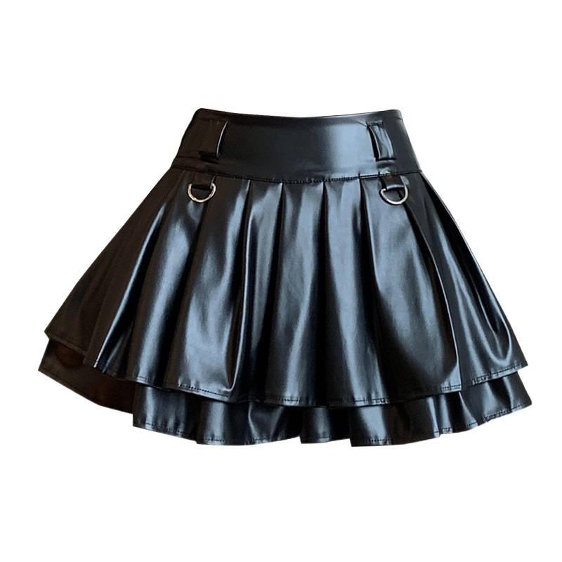 Women's High-Waist Silver Pleated A-Line Skirt with Built-In Shorts - Petite Fit, Leather, Autumn Style