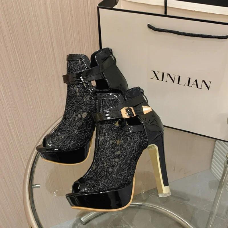 Fashion Classic Women's High Heel Pumps Sexy Hollow Women High Heels Mesh Nude Boots Stiletto Heels Thick Sole Women Shoes Zapatos Mujer