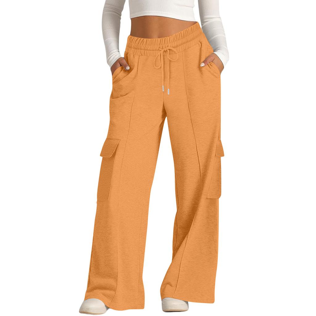 Women's Casual Fashion Color Elastic Waist Drawstring Workwear Wide Leg Pants With Pockets