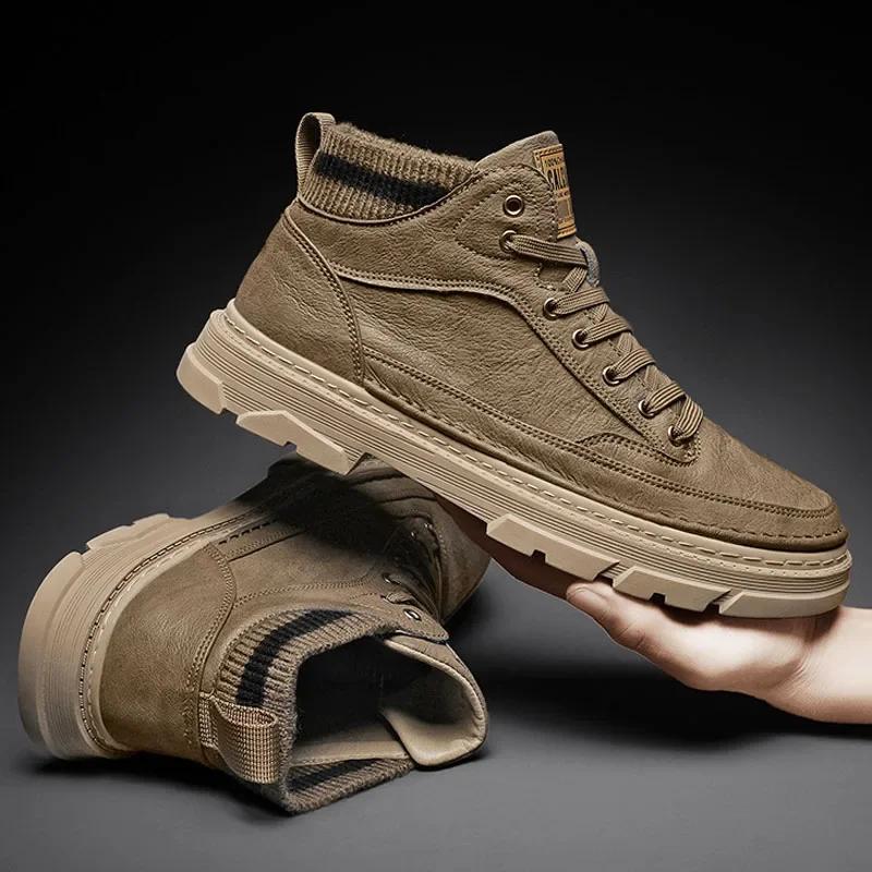 Autumn New Men Shoes Fashion Boots High Top Leather Casual Shoes Man Outdoor Short Boots