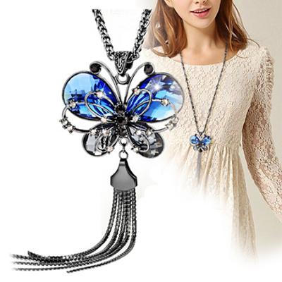 Women's Butterfly Pendant Tassels Rhinestone Long Sweater Chain Necklace Jewelry