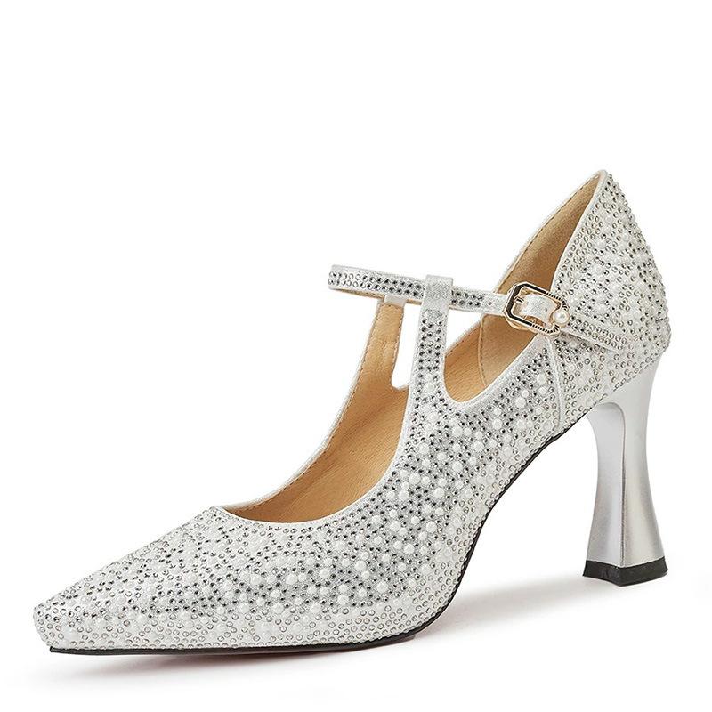 Fashion Pearl Hot Diamond High Heels Women's 2025 Spring New One-word Buckle with Pointed Head Shallow Mouth Stiletto Fashion Shoes