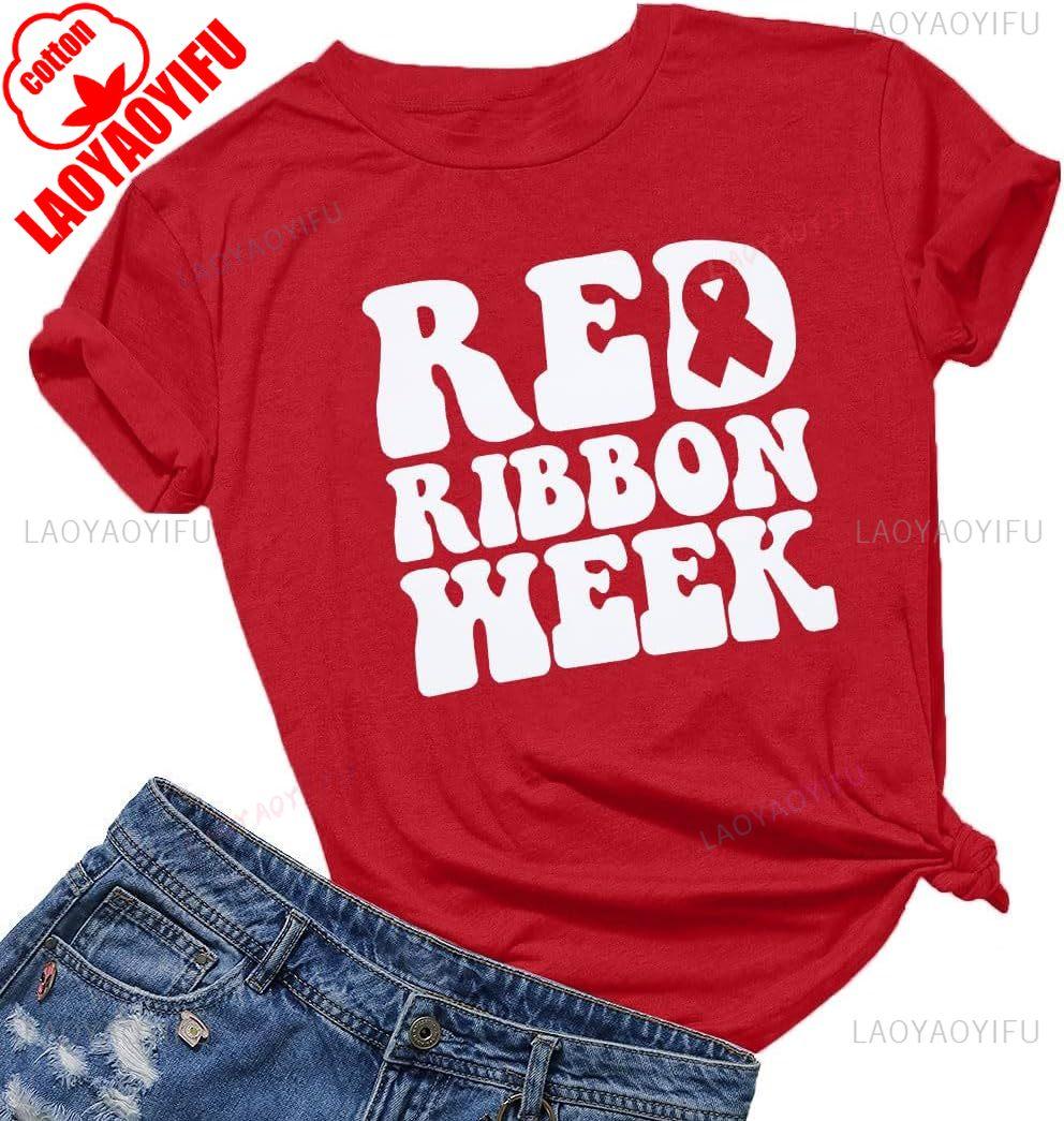 

Red Ribbon Week Women We Wear for Awareness TShirt Funny Short Sleeve Tops Simple Letters Style Crewneck Tops Tee Shirt Short S