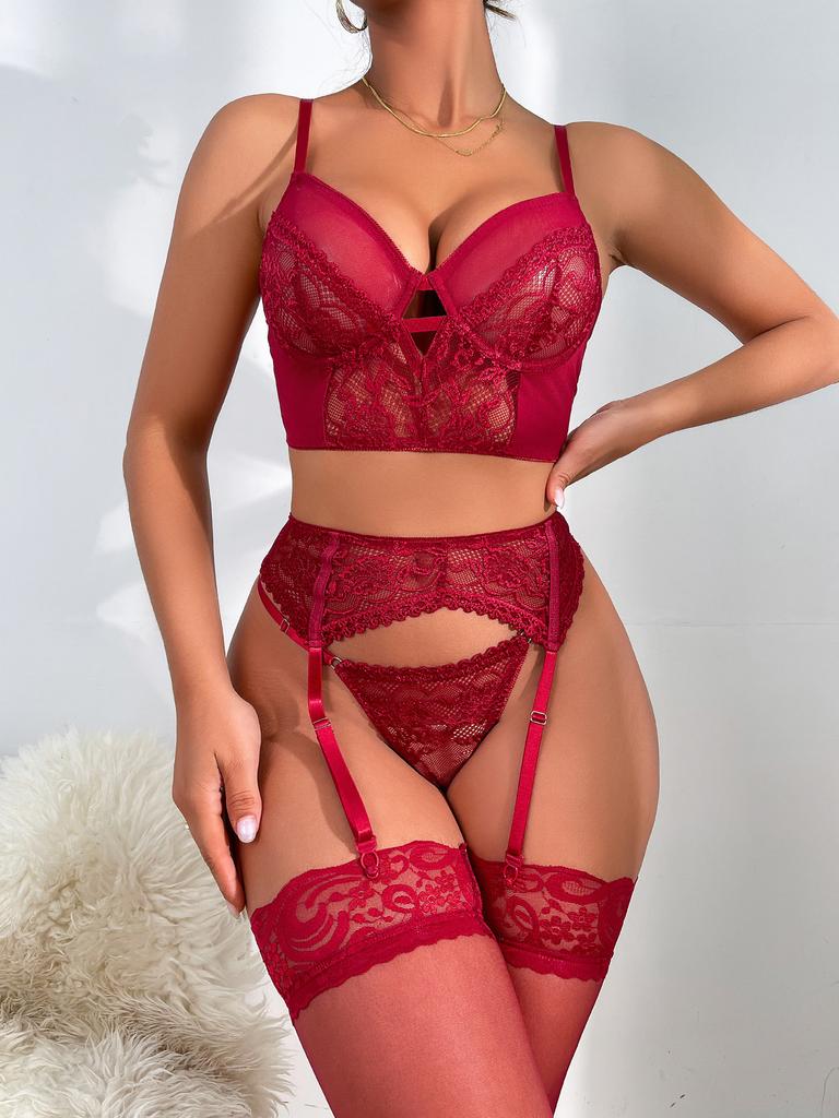 European and American New Fashion Lace Hollow Bra Perspective Four-piece Erotic Underwear Set